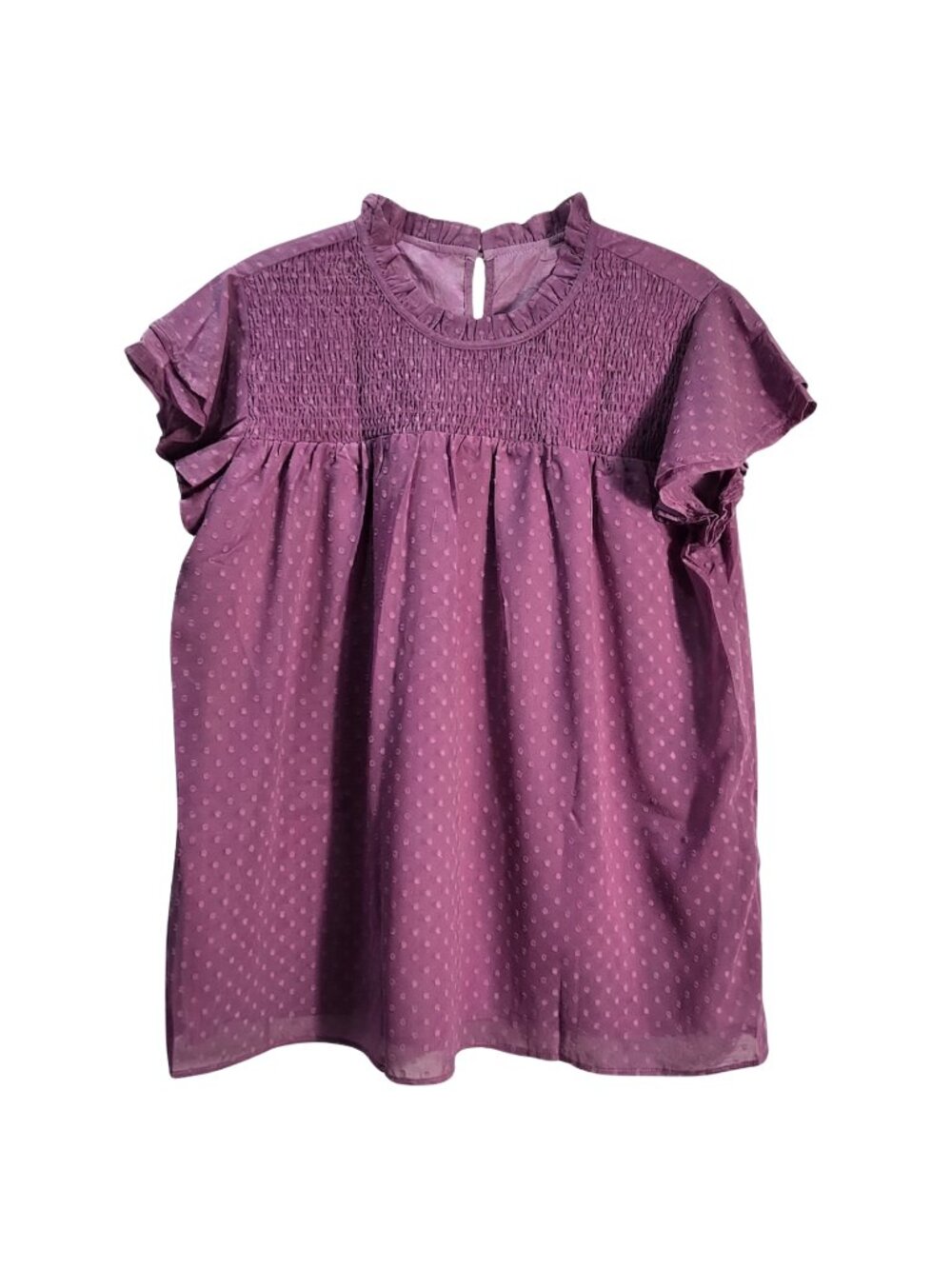 NWOT | Plum Swiss Dot Smocked Ruffle Neck Flutter Sleeve Keyhole Blouse | XL